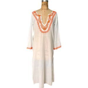 OndadeMar White Cotton Tunic Dress with Orange Embroidery S